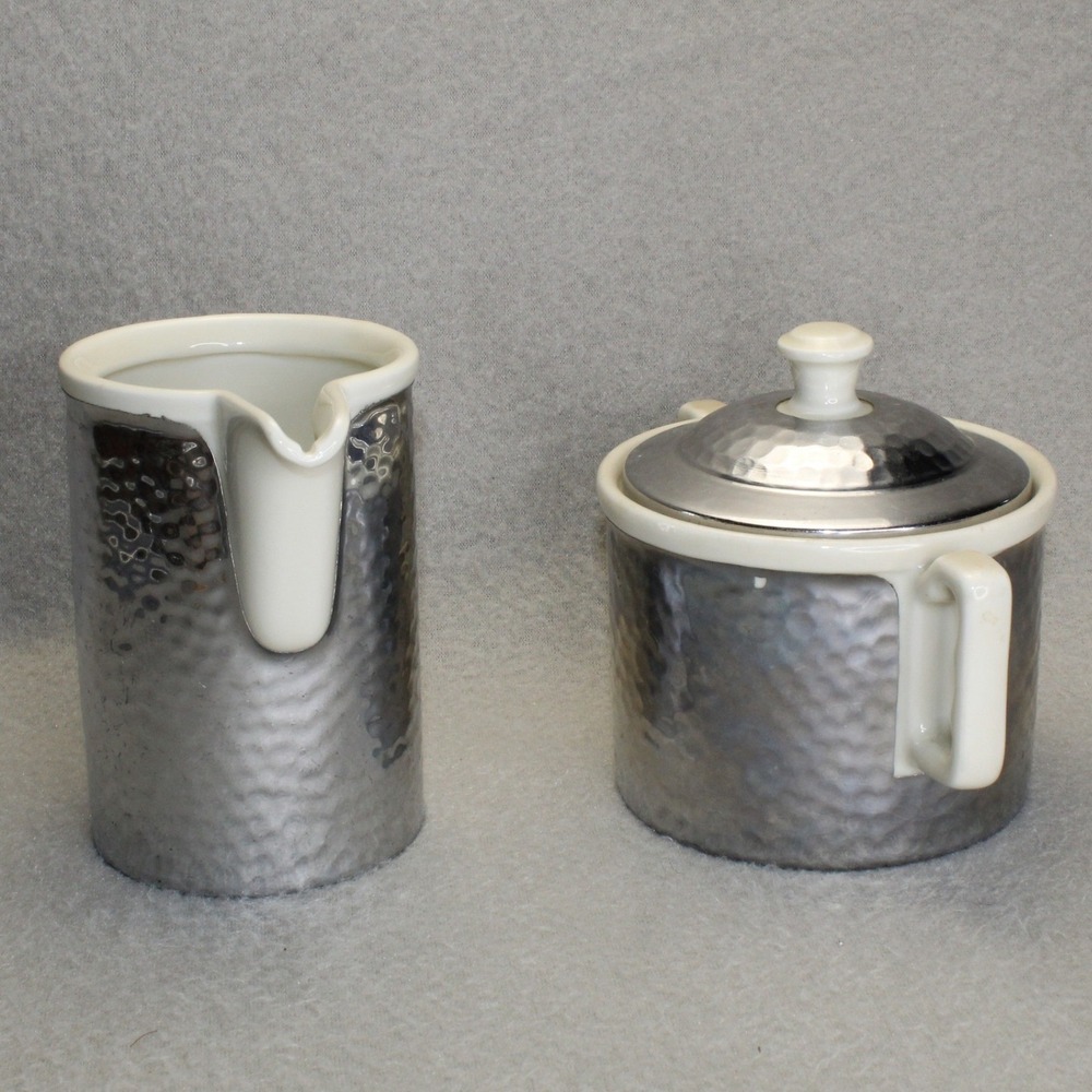 Koenigszelt Germany Hammered Silver Overlay Porcelain Creamer Sugar Bowl Set Vtg